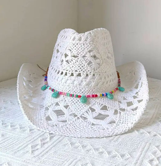 White Crochet Hat with Colorful Beads